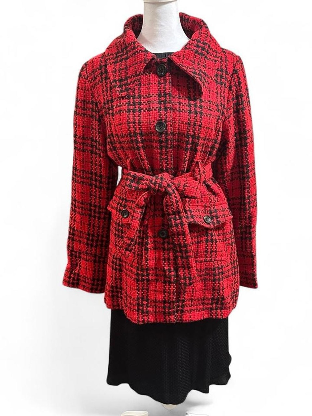 Vintage 90’s red & black houndstooth printed wool pea coat Size Large